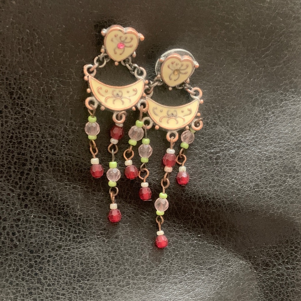 Cream and Red Enamel Dangle Earrings with Bead Fringe
